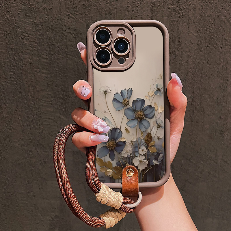 Lanyard Phone Strap - Blauwe bloemen lanyard bandje telefoonhoesje voor