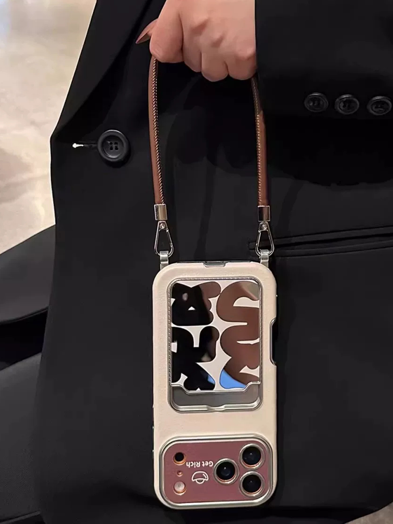 Phone Accessories Case - Luxe lederen spiegel-kaarthouder telefoonhoesje met polsband